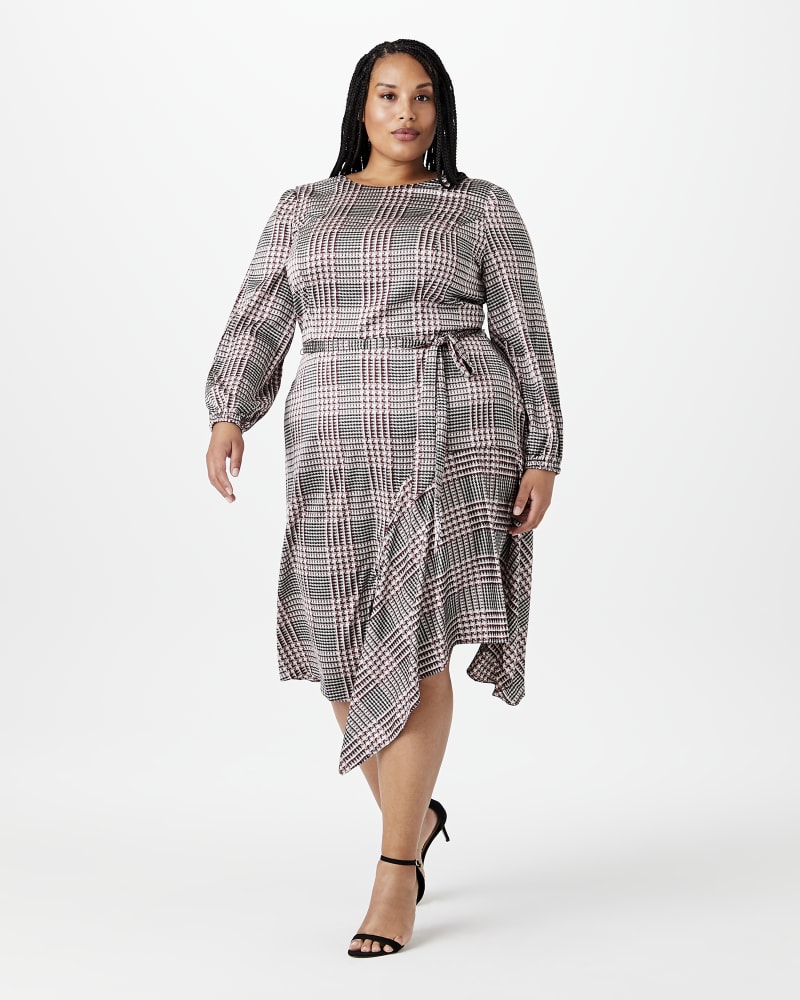 Plus size model with hourglass body shape wearing Karene Handkerchief Dress by London Times | Dia&Co | dia_product_style_image_id:144360